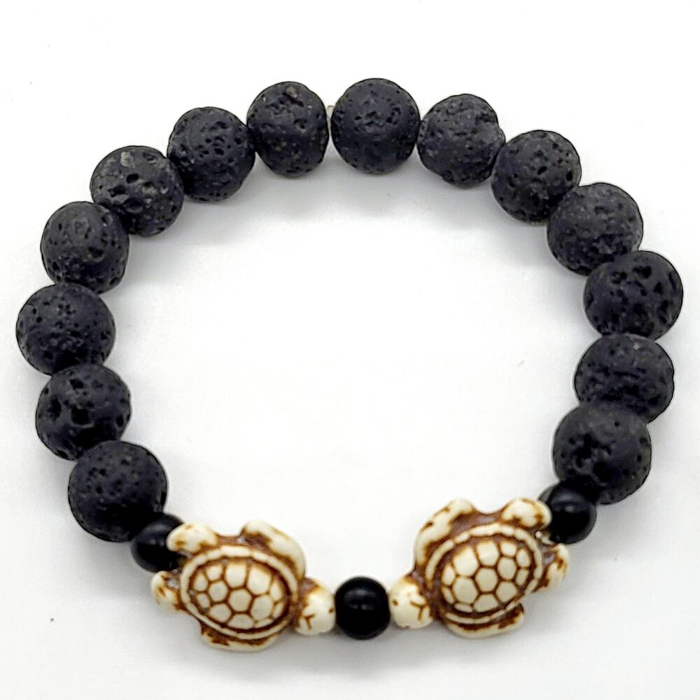 Black Lava Rock Dual Sea Turtles Beaded Stretch Elasticized Bracelet Unisex